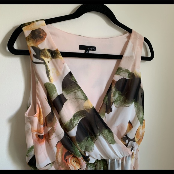 SANGRIA V-NECK CHIFFON FLORAL MAXI SLEEVELESS DRESS HI LOW - Picture 7 of 15